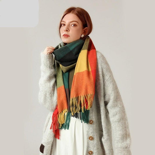 Luxury Fashion Autumn Winter Soft Warm Scarf Plaid Colorful Hijabs Cashmere Scarves Warm Soft Bandana Women's Lightweight Scarves Elegant Echarpe  Escharpe Soft Wool Elegant Tassel For Women