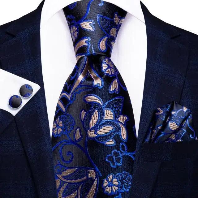 Luxury Men Silk Necktie Pocket Square Matching Handkerchief  Cufflinks Set Formal Design Printed Business Necktie For Men