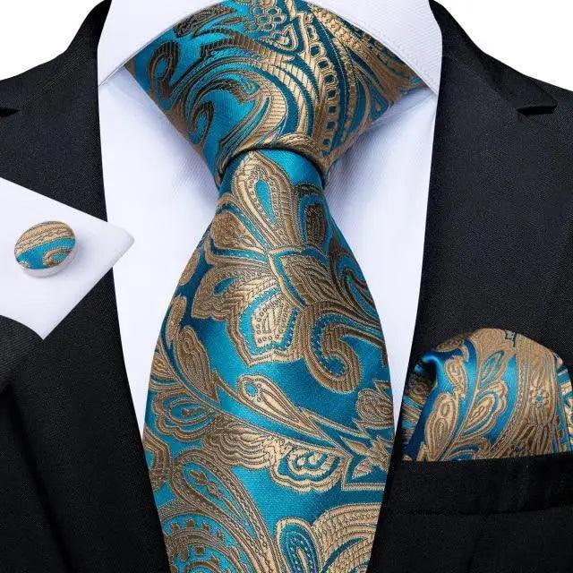Luxury Wedding Party Floral Design Silk Necktie Hanky And Matching Cufflinks Set For Men Classic Design Necktie Set For Men