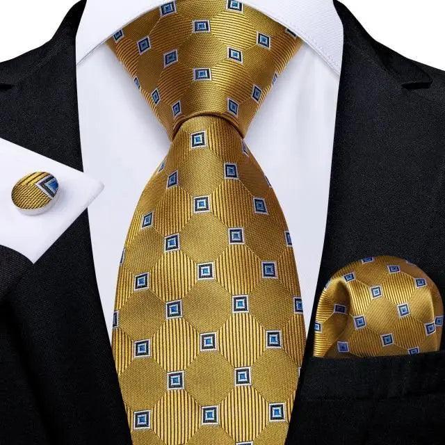 Luxury Wedding Party Floral Design Silk Necktie Hanky And Matching Cufflinks Set For Men Classic Design Necktie Set For Men