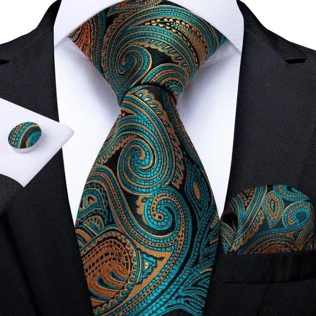 Luxury Wedding Party Floral Design Silk Necktie Hanky And Matching Cufflinks Set For Men Classic Design Necktie Set For Men