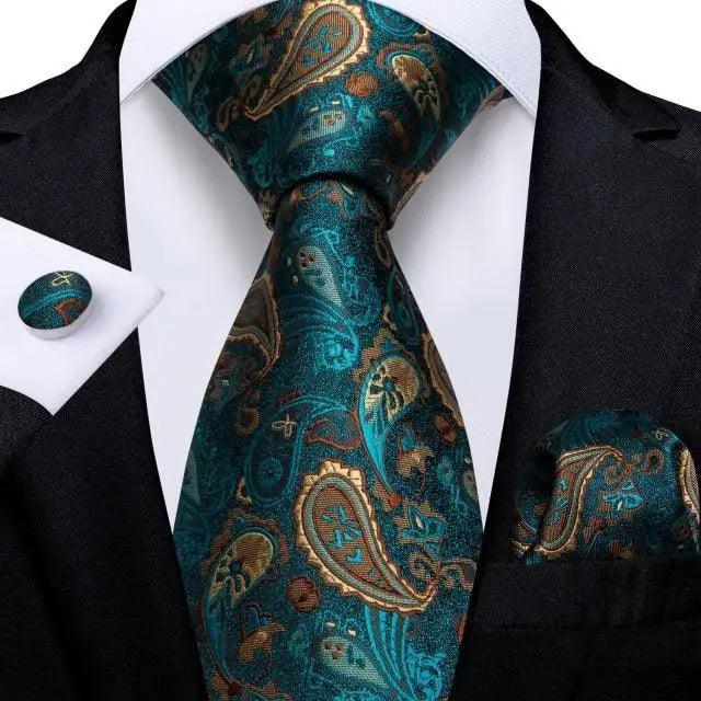 Luxury Wedding Party Floral Design Silk Necktie Hanky And Matching Cufflinks Set For Men Classic Design Necktie Set For Men