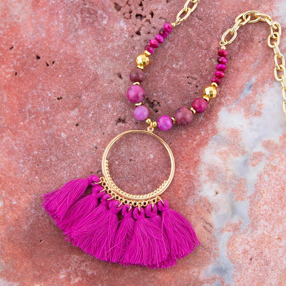 Rosa-Magenta-Träume-Achat-Quasten-Goldkette