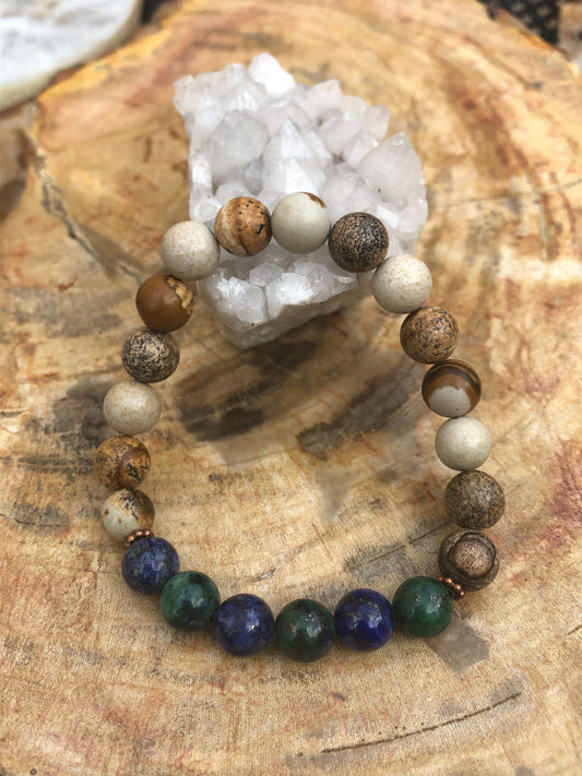 Bracelet extensible malachite, chrysocolle et jaspe paysage