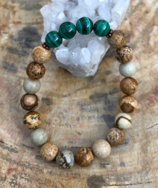 Bracelet extensible en jaspe paysage malachite, pierres naturelles