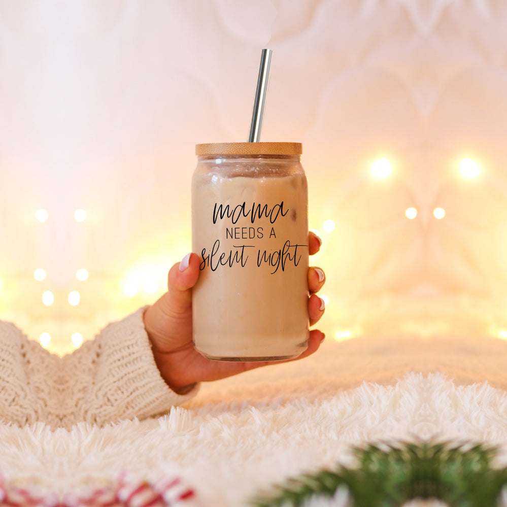 Silent Night 17oz Glass Tumbler With Bamboo Lid, 2 Stainless Straws and Cleaner