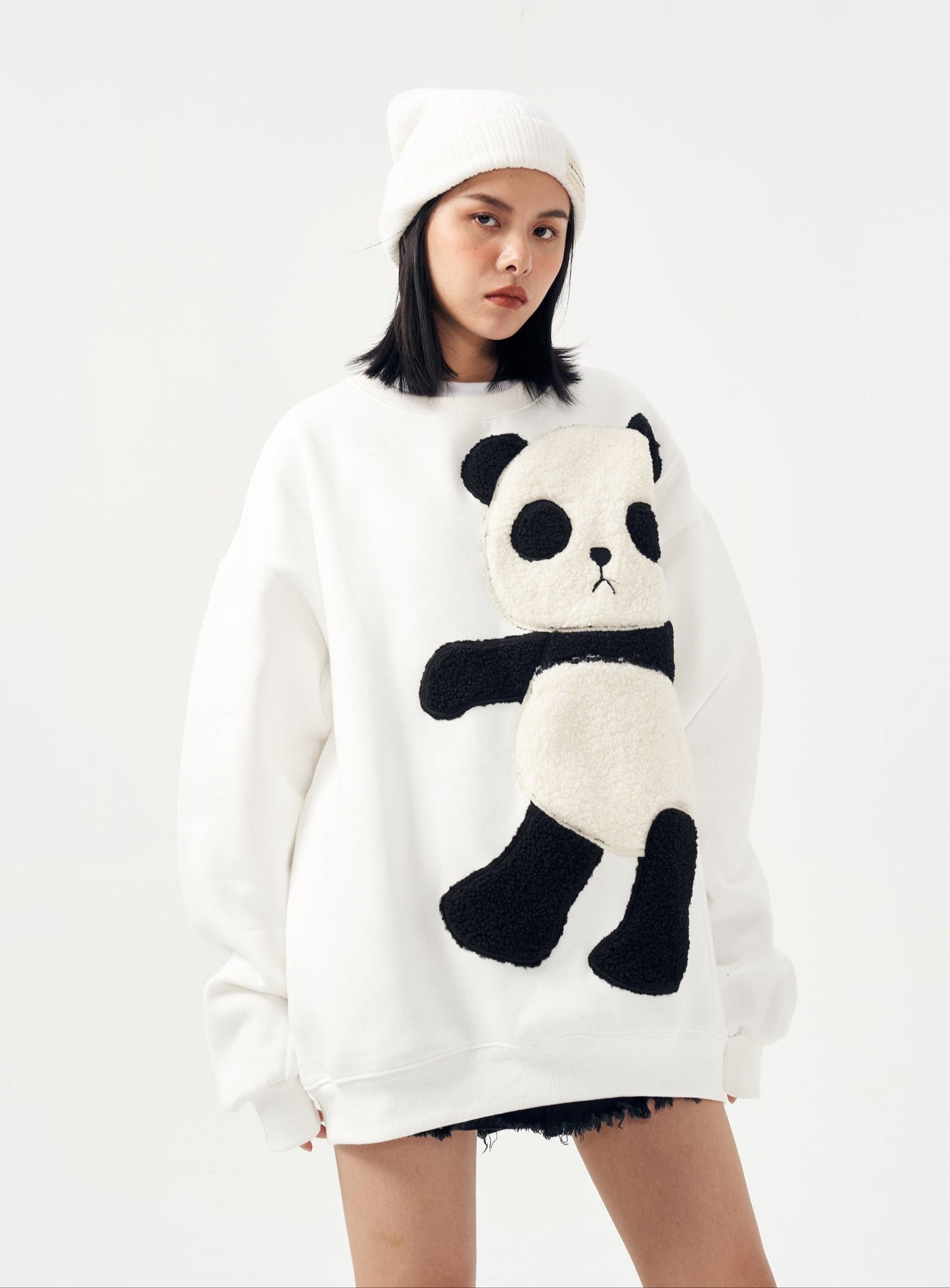 MAR1081 Sweat col rond motif panda pelucheux