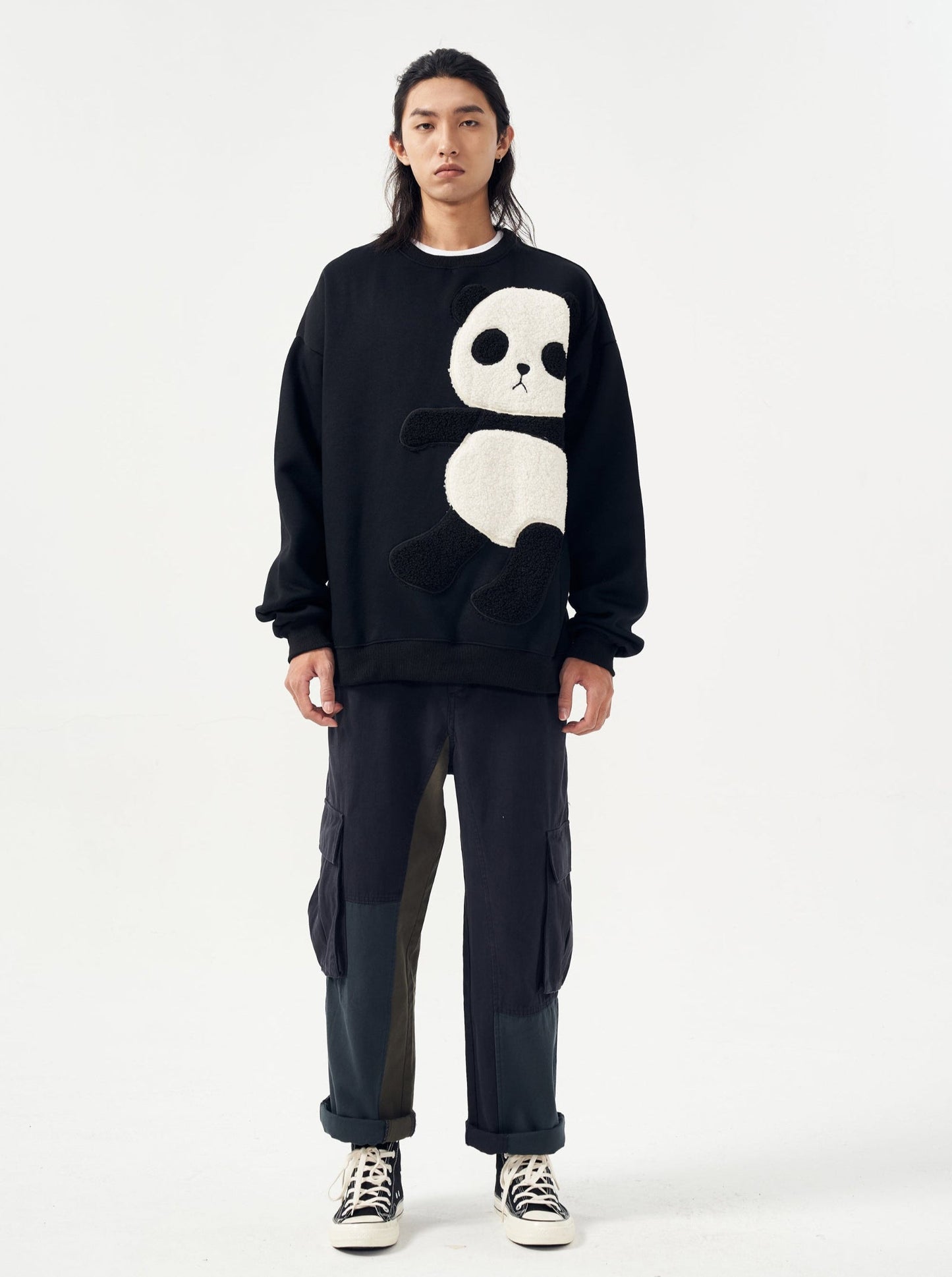 MAR1081 Sweat col rond motif panda pelucheux