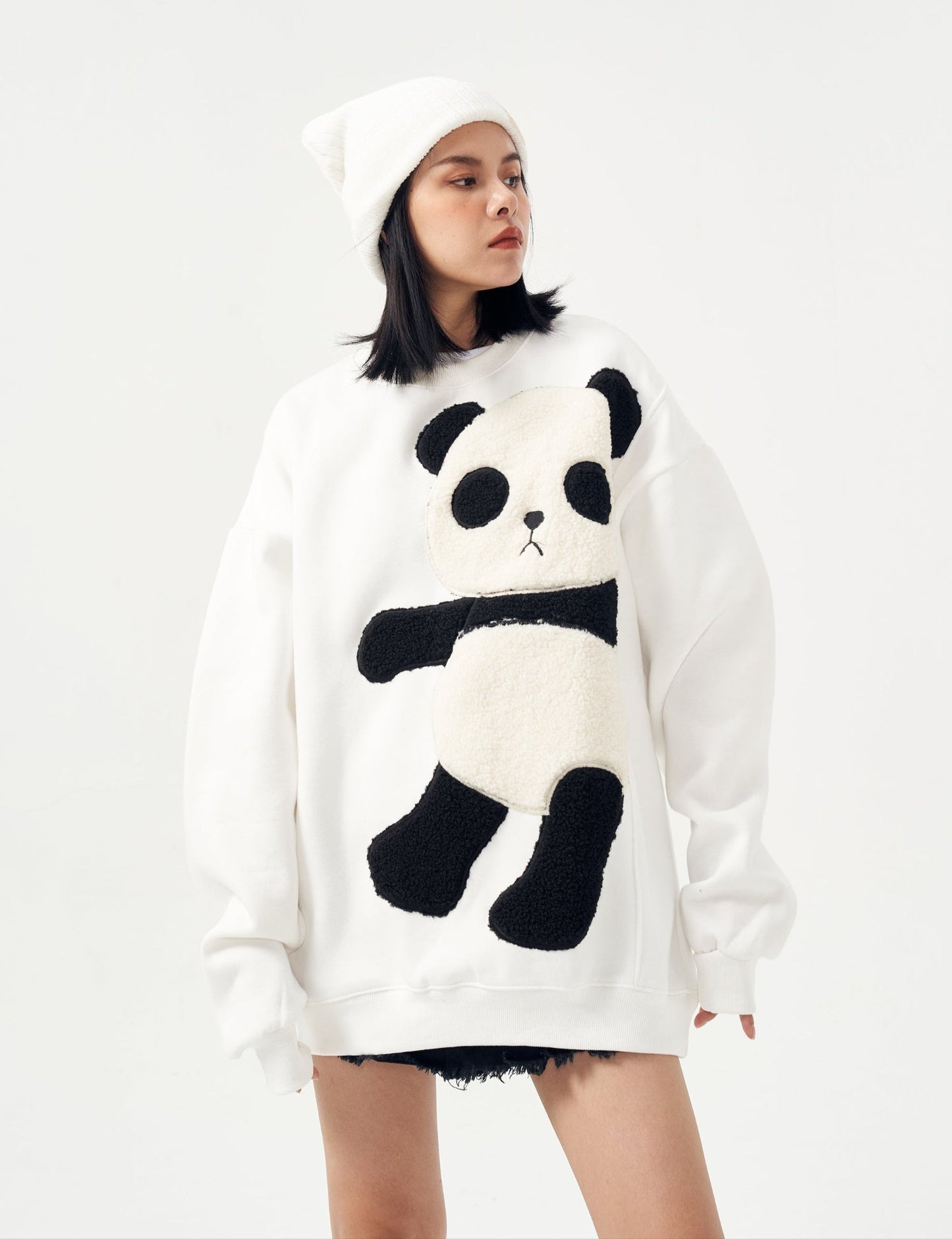 MAR1081 Sweat col rond motif panda pelucheux