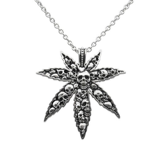 Collier Pendentif Crâne Feuille de Cannabis Gothique Argenté