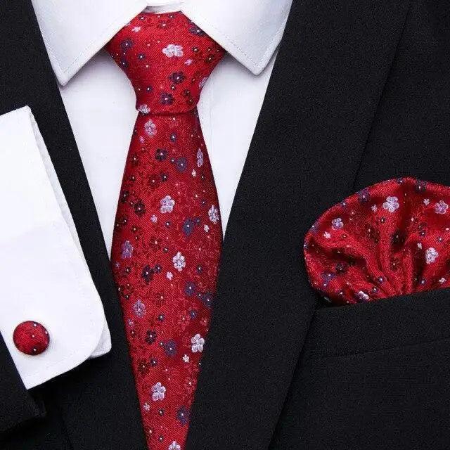 Men Elegant Red Silk Tie Classic Necktie Cufflinks Set Business Necktie With Handkerchief Perfect Match With Wedding Suit