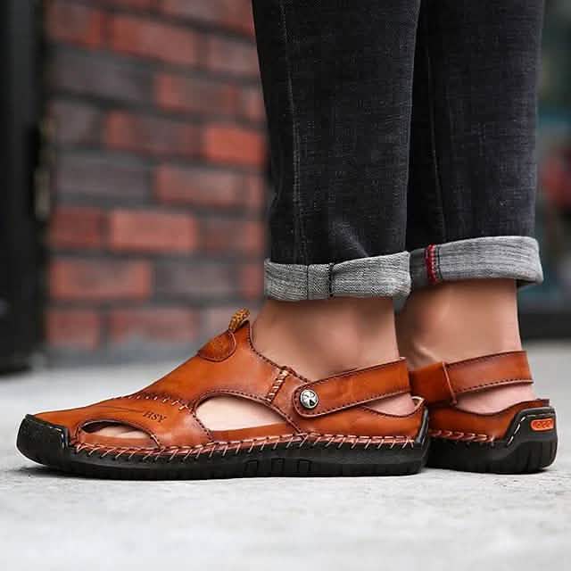 Sandales pour hommes en cuir de vachette respirantes Chaussures de marche décontractées pour la plage
