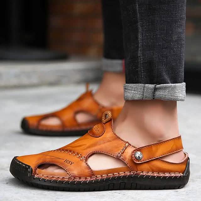Sandales pour hommes en cuir de vachette respirantes Chaussures de marche décontractées pour la plage