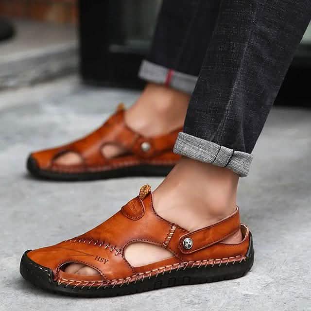 Sandales pour hommes en cuir de vachette respirantes Chaussures de marche décontractées pour la plage