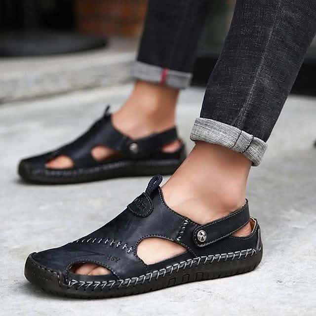 Sandales pour hommes en cuir de vachette respirantes Chaussures de marche décontractées pour la plage