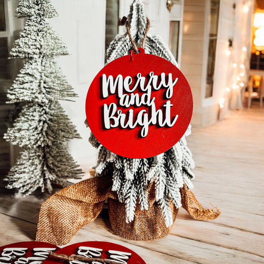 Merry & Bright Wooden Ornament 12 Colors Holiday Tree Decor Rustic Xmas