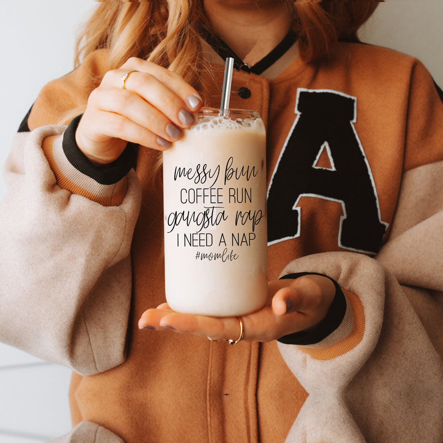 Messy Bun 17oz Glass Tumbler With Bamboo Lid Stainless Straws Mom Life Coffee Run Gift