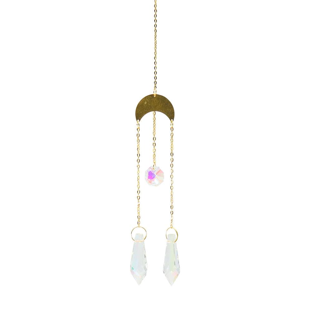 Metallic Hoop Moon Sun Catcher Hanging Crystal Pendant Chandelier Lamps Light Crystals Glass Pendants Light Rainbow Maker Wind Chime Hanging Drop Gift of Good Luck Garden Decor Hanging Ornament For Home Decoration