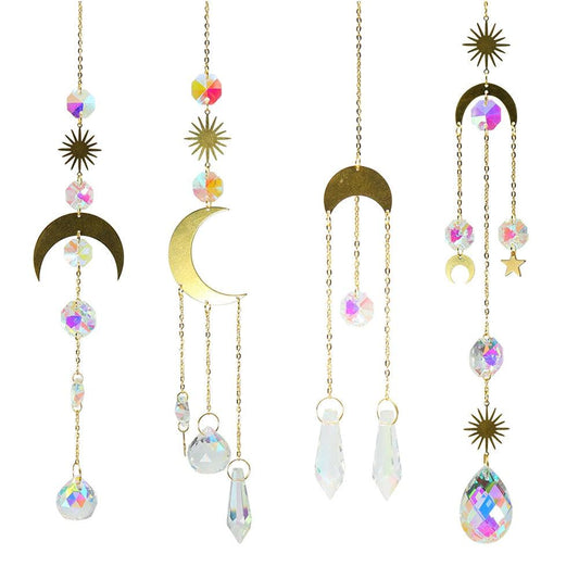Metallic Hoop Moon Sun Wind Chimes K9 Crystal Prisms Hanging Sun-catcher Rainbow Chaser Window Curtains Pendant Home Decor Gifts For Wall Hanging Decor Room Home Photography Prop