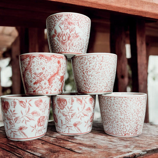 Mini cache-pots en porcelaine peints à la main roses - Lot de 6 jardinières décoratives