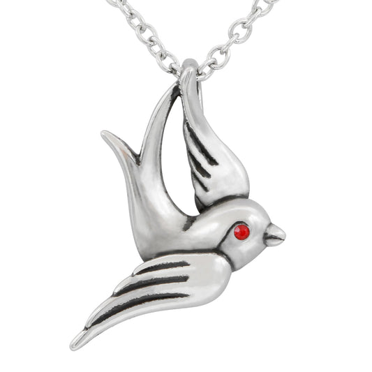 Mini-Spatzen-Halskette mit roten Kristallaugen aus Sterlingsilber