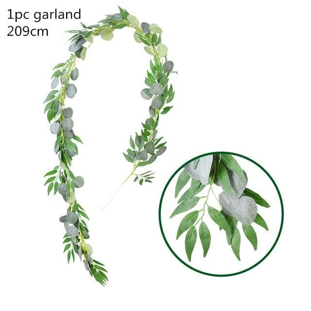 Modern Artificial Green Eucalyptus Leaves Garland Wisteria Rattan Fake Decor Silk Leaf Vines For Wedding Birthday Party Decor