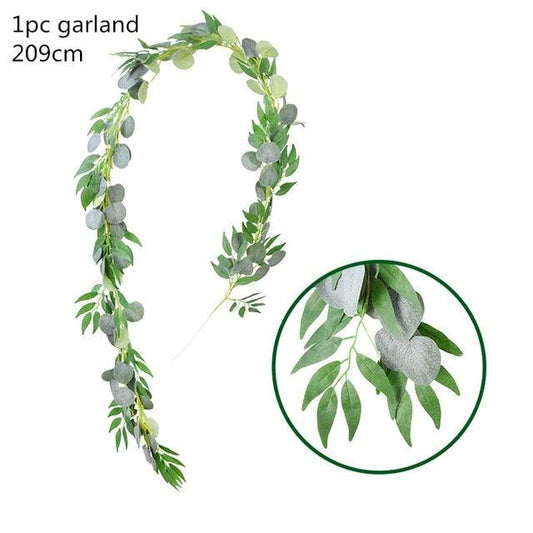 Modern Artificial Green Eucalyptus Leaves Garland Wisteria Rattan Fake Decor Silk Leaf Vines For Wedding Birthday Party Decor