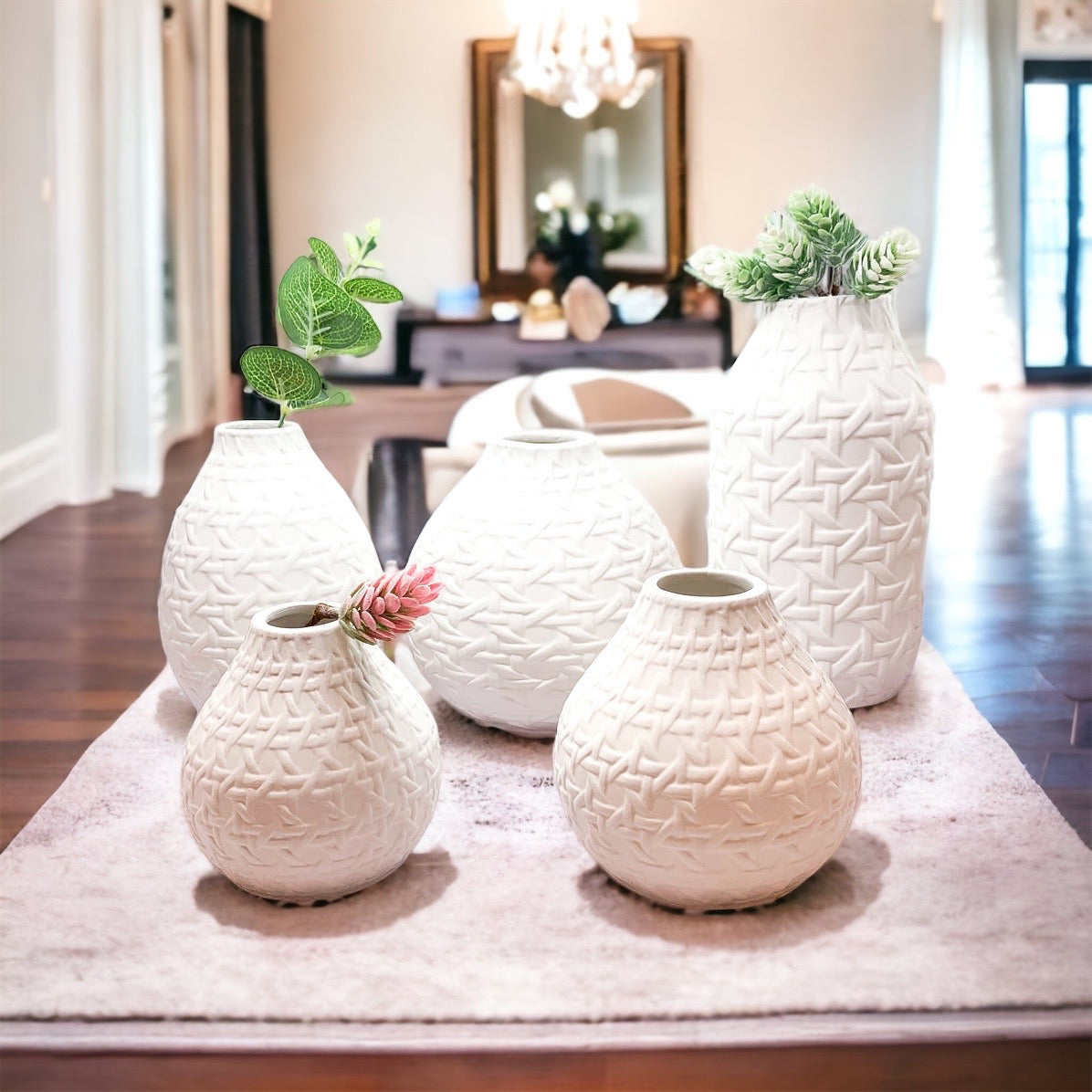 Embossed Cane Webbing Ceramic Vase - Modern Neutral Decor For Florals