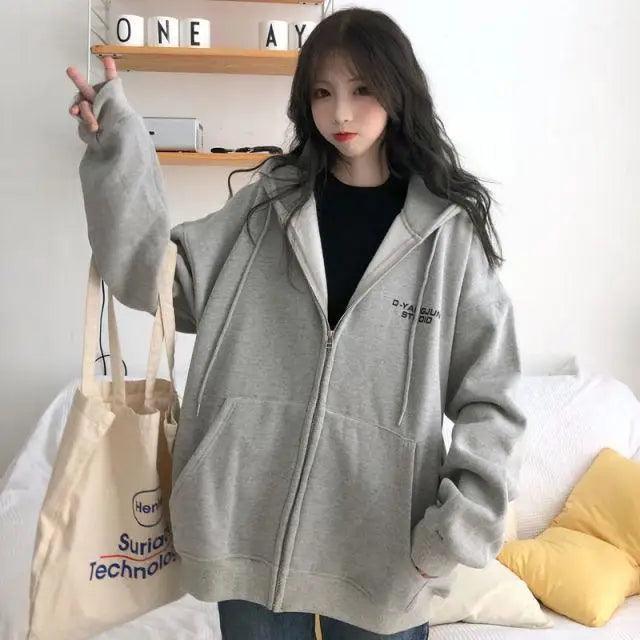 Modern With Hat Hoodies Women  Kangaroo Pocket Casual Loose Solid Color Sweatshirt Female  Fashion New Female Tops Sports Clothing Oversized Zip Hooded Sweatshirt Cotton Women Autumn Hoodie