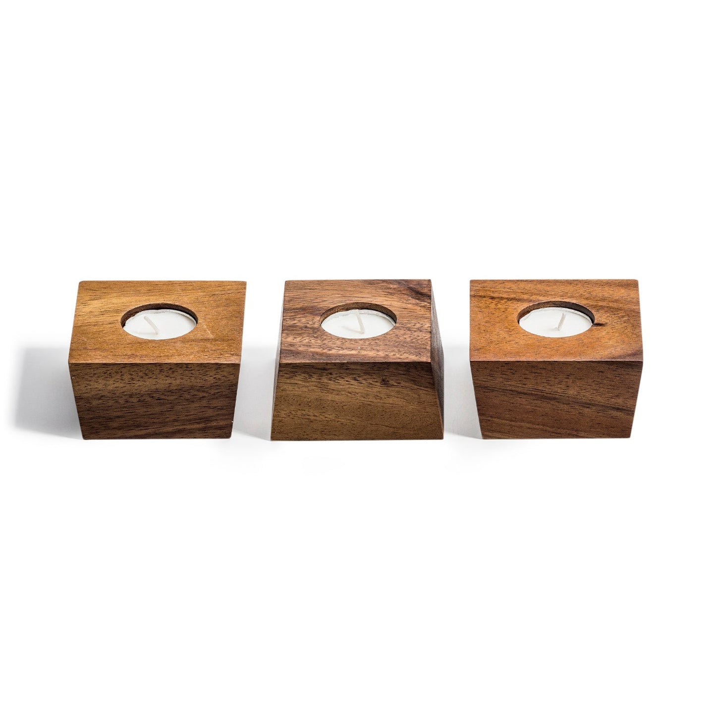 Lot de 3 bougeoirs chauffe-plat modernes en bois - Centre de table organique