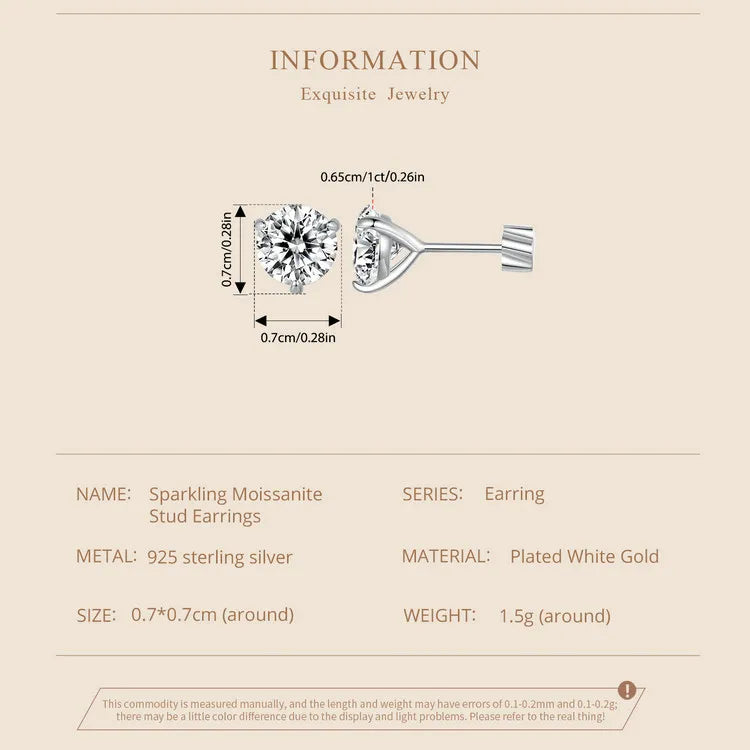 Moissanit 1 Karat runde Ohrstecker Schraubverschluss Platinbeschichtung S925 Minimalistisch