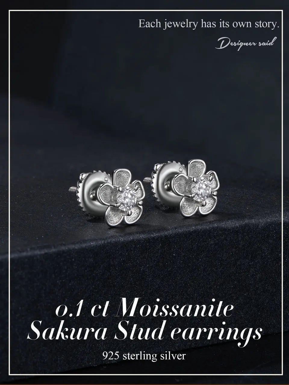 Boucles d'oreilles clous Sakura en argent sterling 925 et moissanite VVS1 à vis