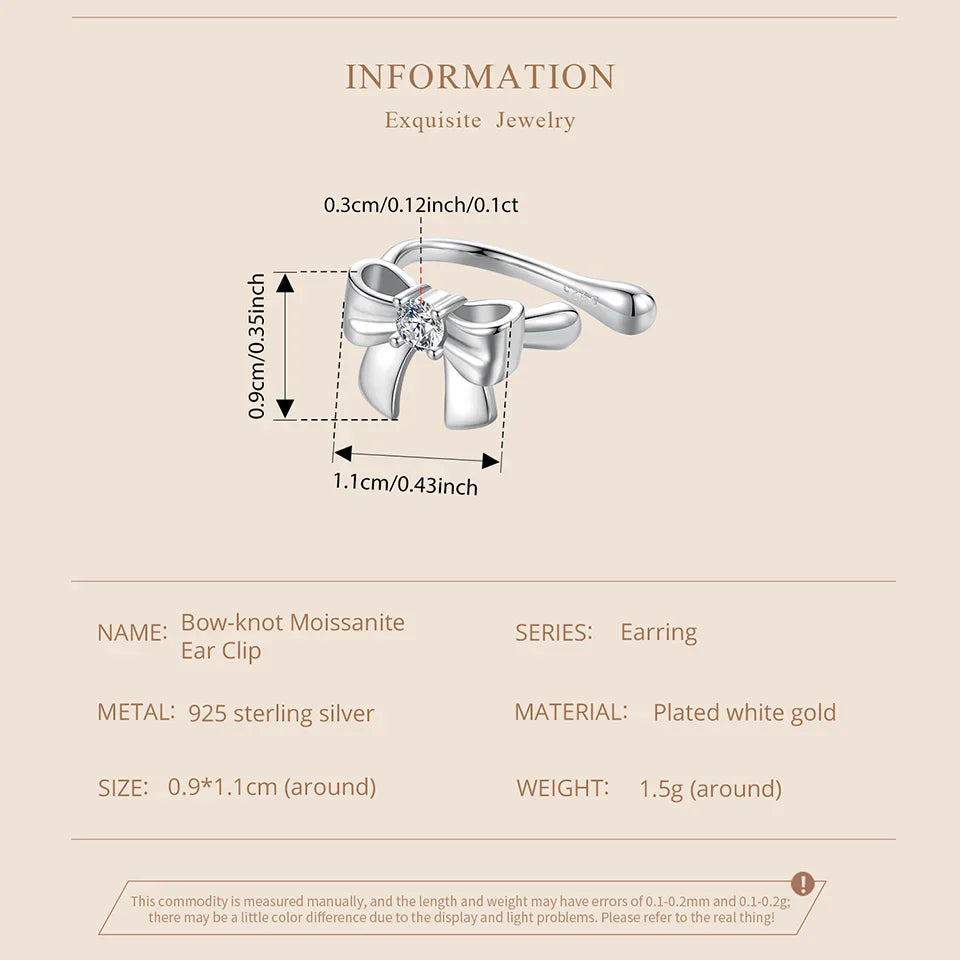 Moissanit-Ohrstecker mit Schleife, S925 Silber, Clip-On, Geschenk für Hochzeit und Verlobung