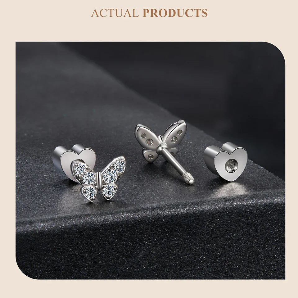 Boucles d'oreilles clous trèfle papillon en moissanite, argent 925, taille diamant, cadeau de mariage