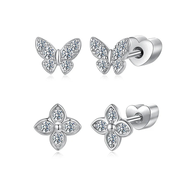 Boucles d'oreilles clous trèfle papillon en moissanite, argent 925, taille diamant, cadeau de mariage
