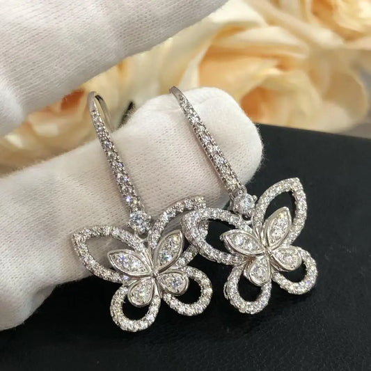 Moissanite Butterfly Drop Earrings 925 Sterling Silver Luxury Sparkling Gift
