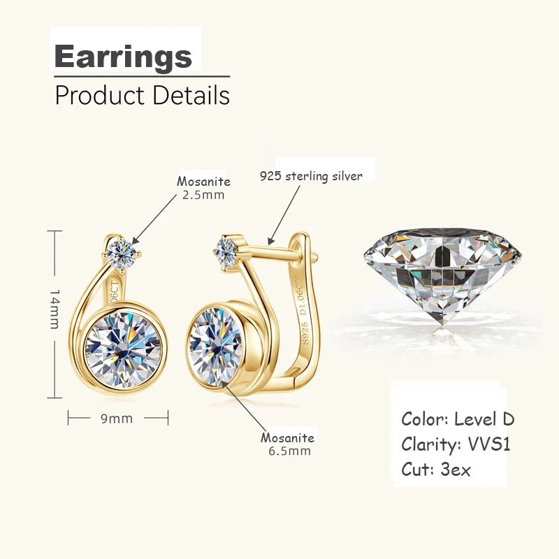 Boucles d'oreilles créoles à clip en moissanite en argent sterling 925, coupe ronde blanche couleur D