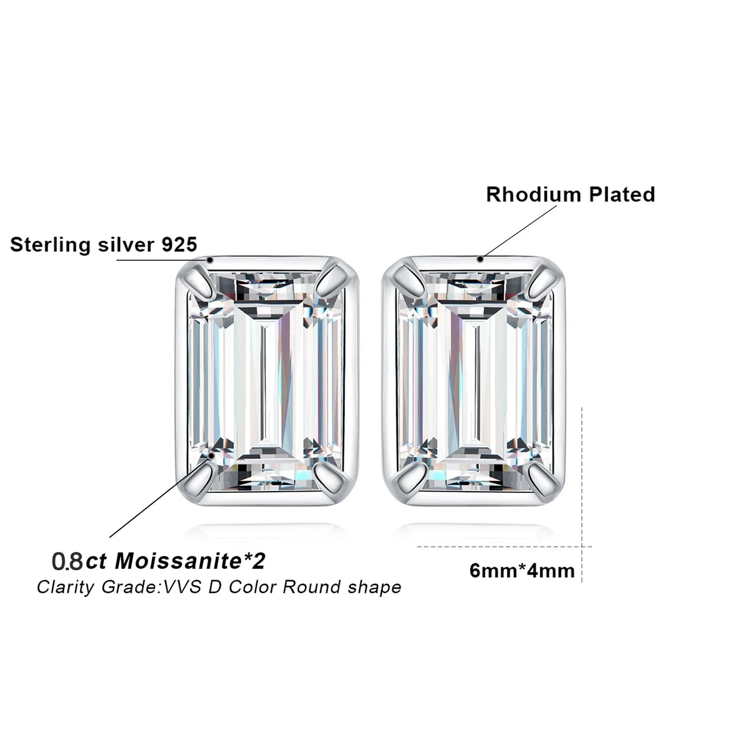 Moissanite D Color 1.6ct Pair Emerald Cut 925 Sterling Silver Stud Earrings