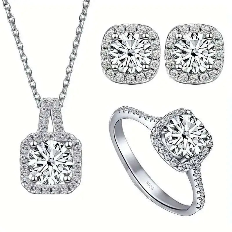 Ensemble Collier Pendentif et Clous d'Oreilles en Moissanite Ronde Couleur D Argent Sterling 925