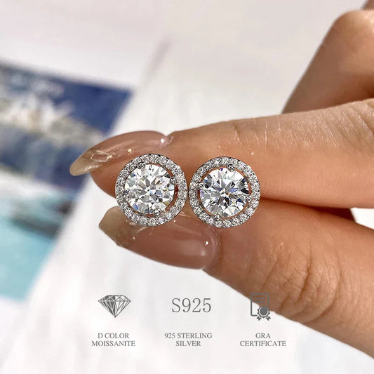 Moissanite Diamond Stud Earrings 925 Sterling Silver Round Halo Wedding Jewelry