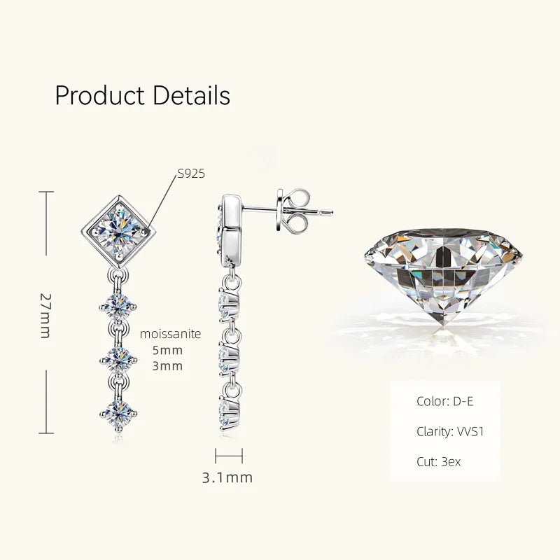 Boucles d'oreilles pendantes en moissanite rondes taille complète solitaire en argent sterling 925