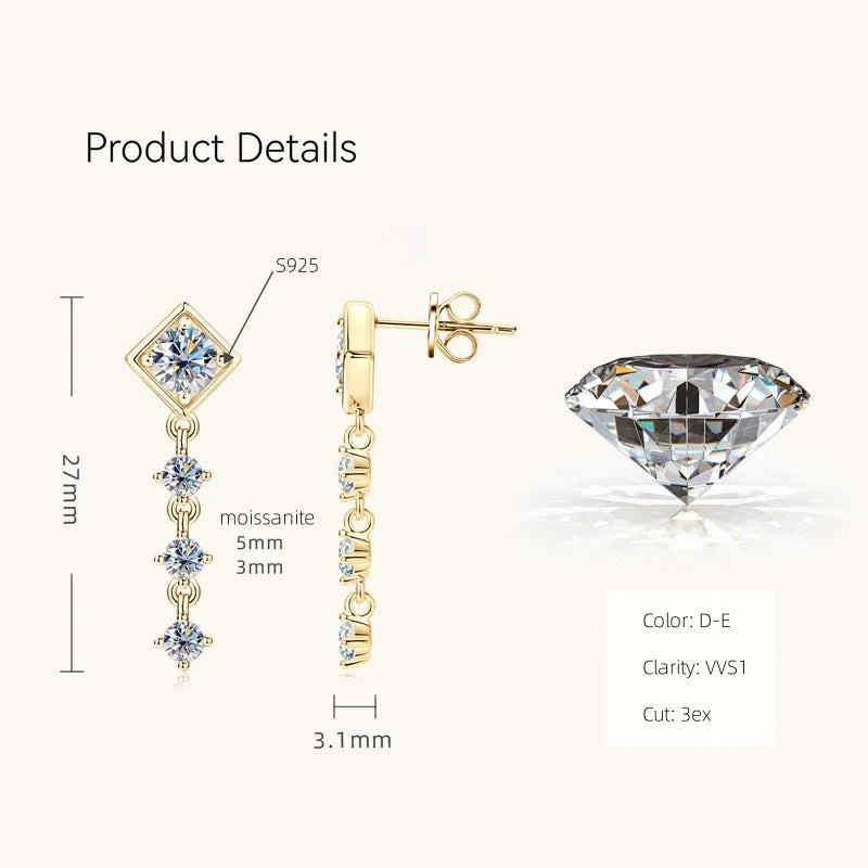 Boucles d'oreilles pendantes en moissanite rondes taille complète solitaire en argent sterling 925