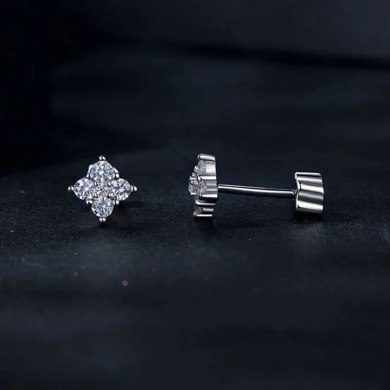Moissanite Four-Leaf Clover Stud Earrings 925 Silver Screw Back Mom Gift