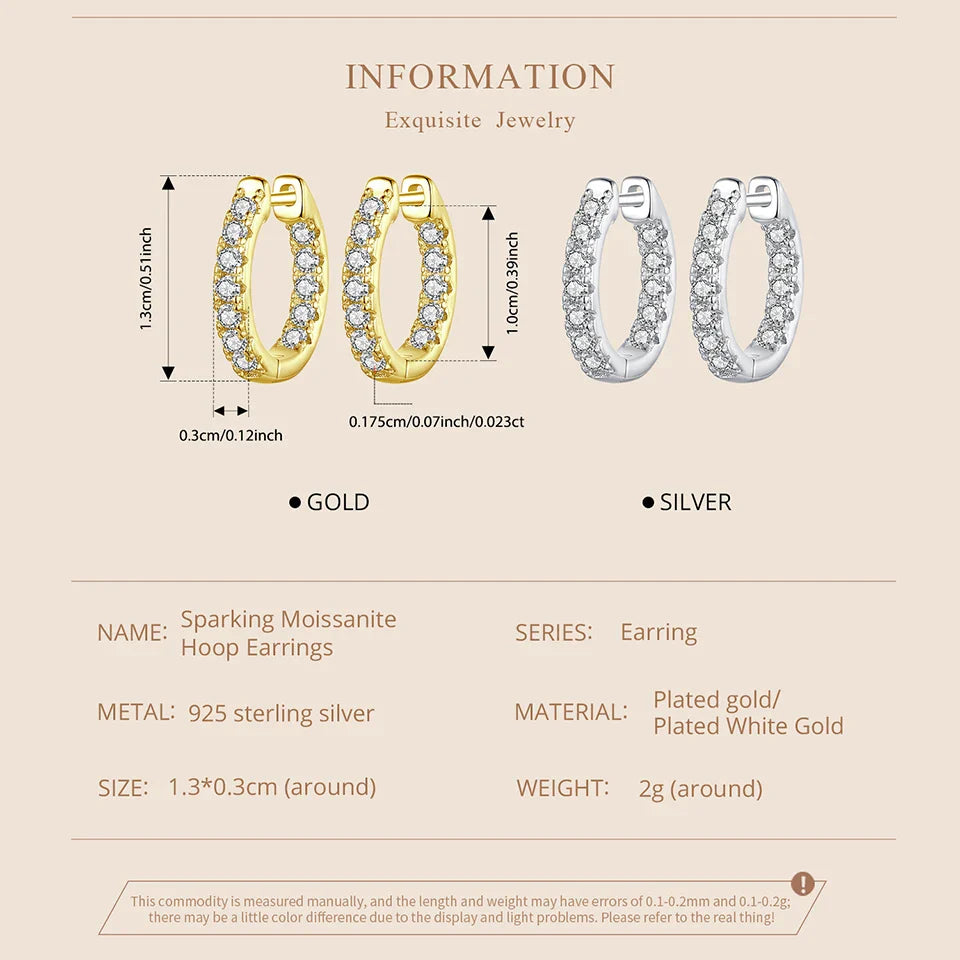 Boucles d'oreilles créoles en moissanite plaquées or, en argent sterling 925, couleur D, rondes, hypoallergéniques