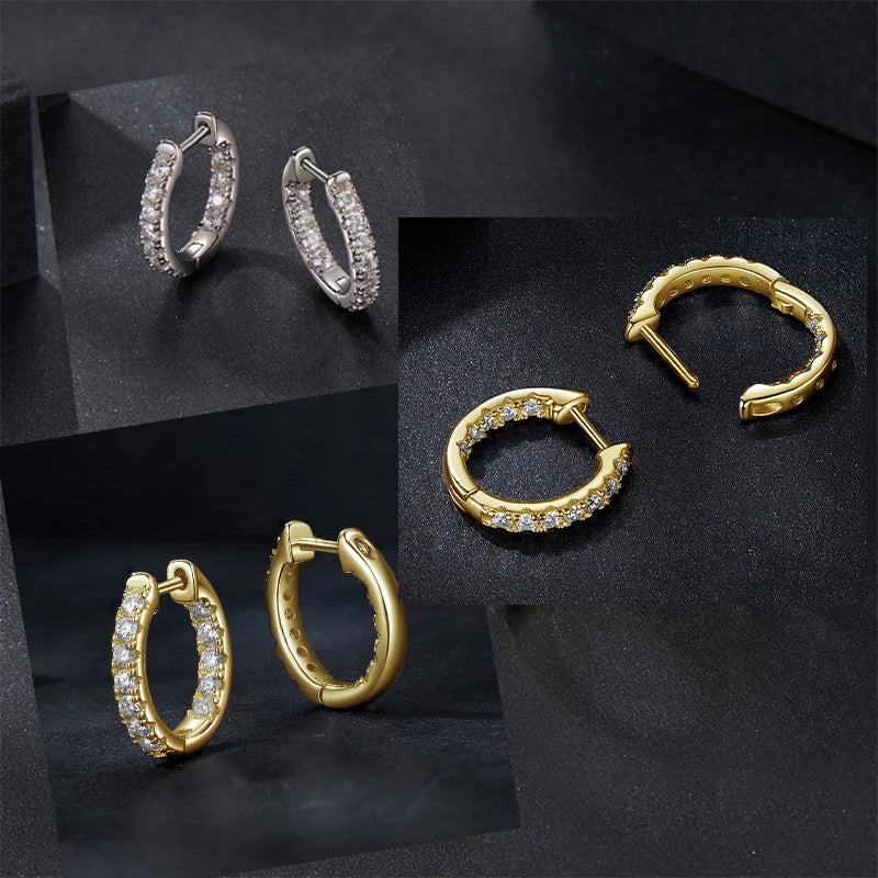 Boucles d'oreilles créoles en moissanite plaquées or, en argent sterling 925, couleur D, rondes, hypoallergéniques