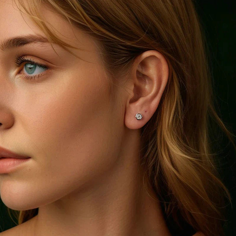 Moissanite Hexagonal Stud Earrings 925 Silver Screw-Back Bezel Gift