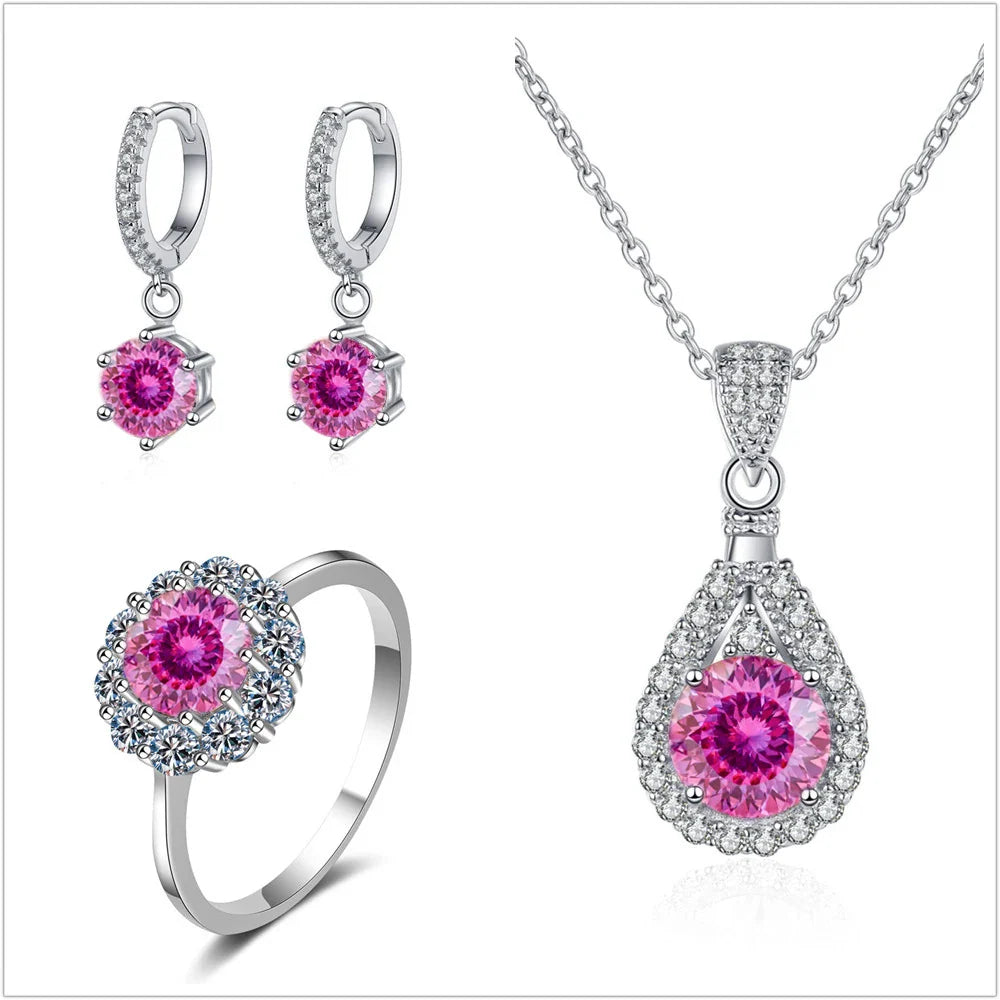 Moissanit Schmuckset 925 Sterling Silber Ring Ohrringe Anhänger Halskette Braut