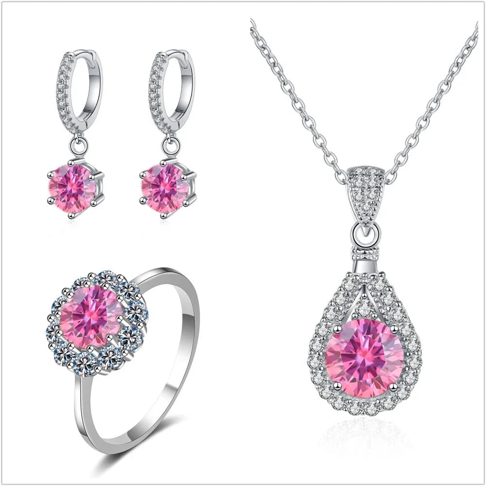 Moissanit Schmuckset 925 Sterling Silber Ring Ohrringe Anhänger Halskette Braut