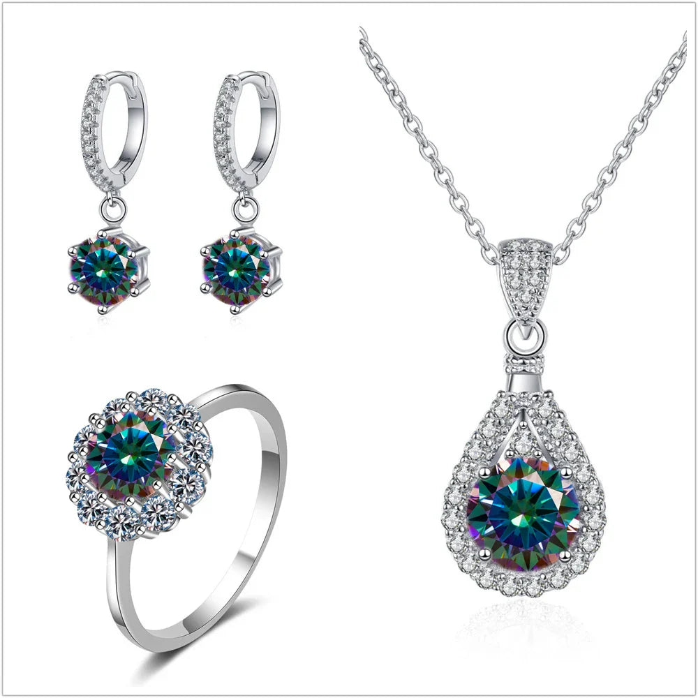 Moissanit Schmuckset 925 Sterling Silber Ring Ohrringe Anhänger Halskette Braut