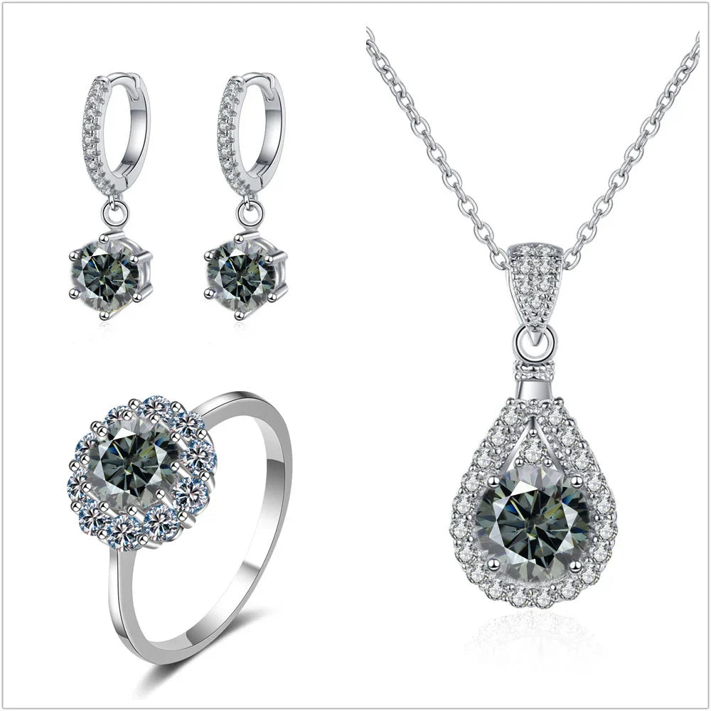 Moissanit Schmuckset 925 Sterling Silber Ring Ohrringe Anhänger Halskette Braut
